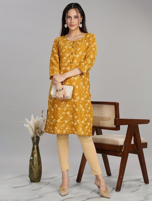 women mustard three quarter sleeve straight kurta - 21917830 - Very Small Image - 1