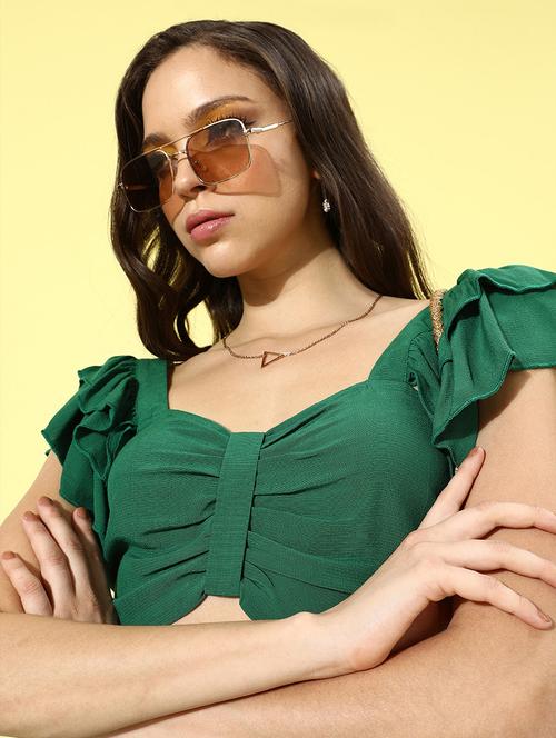 women green ruffled sleeves crop top - 21918206 - Very Small Image - 1