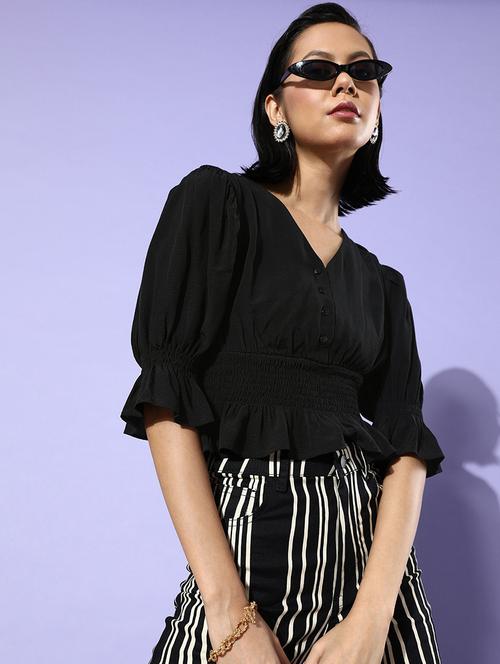 women balck solid puff sleeve peplum top - 21918209 - Very Small Image - 1