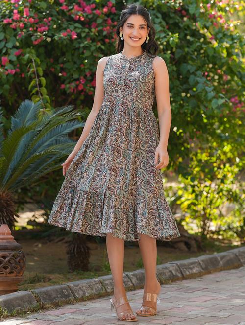 women printed mandarin neck sleeveless tiered dress  - 21918806 - Very Small Image - 1