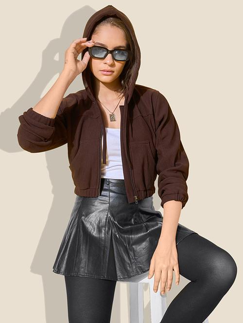 women solid long sleeve crop hooded jacket - 21918832 - Very Small Image - 1