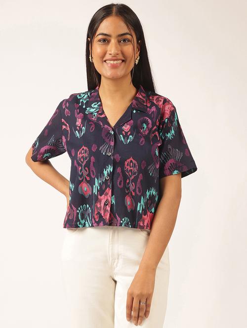 women navy blue printed lapel collar shirt - 21918916 - Very Small Image - 1