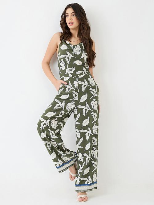women green tropical printed cowl neck shoulder strap longline party jumpsuit - 21918985 - Very Small Image - 1