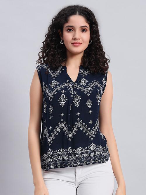 women printed mandarin neck sleeveless top - 21921163 - Very Small Image - 1