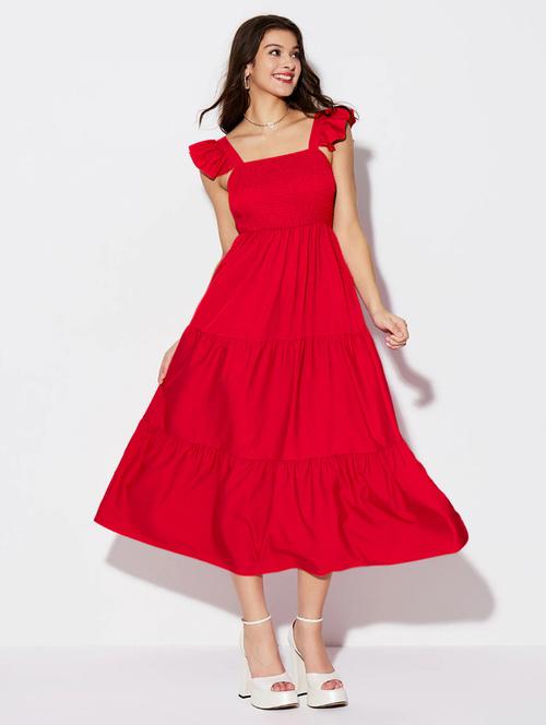 women red solid sleeveless tiered midi dress - 21922413 - Very Small Image - 1