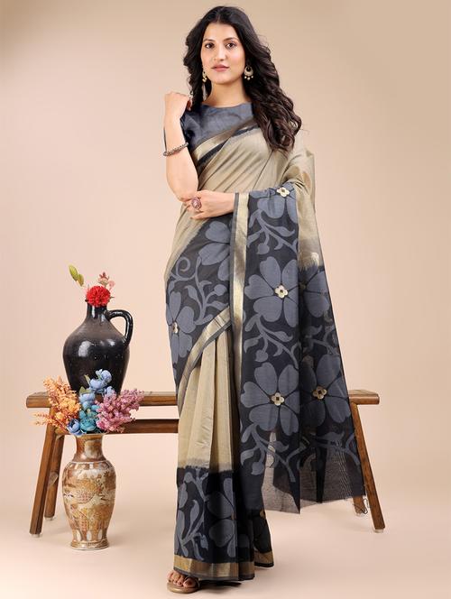women cream & black floral saree with blouse - 21924620 - Very Small Image - 1