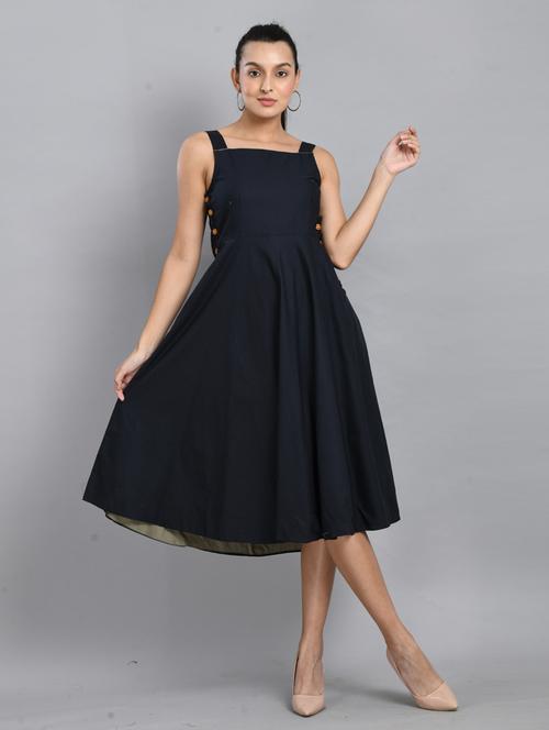 women solid shoulder strap fit & flare dress with pocket - 21924897 - Very Small Image - 1