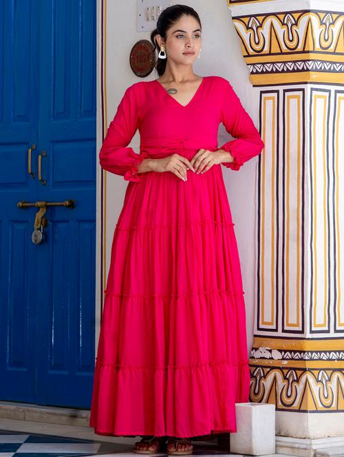 women pink solid long sleeve tiered dress - 21924928 - Very Small Image - 1