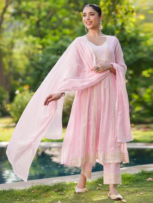 women three quarter sleeve anarkali kurta pant with dupatta set - 21925588 - Very Small Image - 1