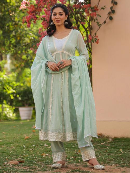 women three quarter sleeve anarkali kurta pant with dupatta set - 21925589 - Very Small Image - 1