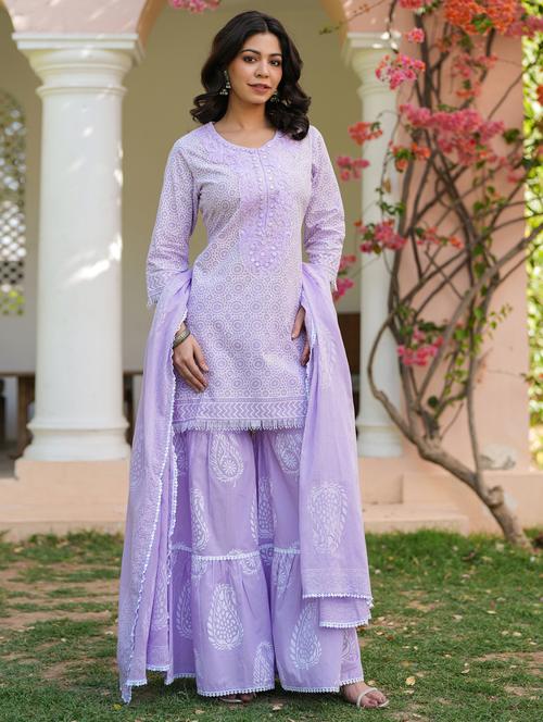 women three quarter sleeve kurta sharara with dupatta set - 21925596 - Very Small Image - 1