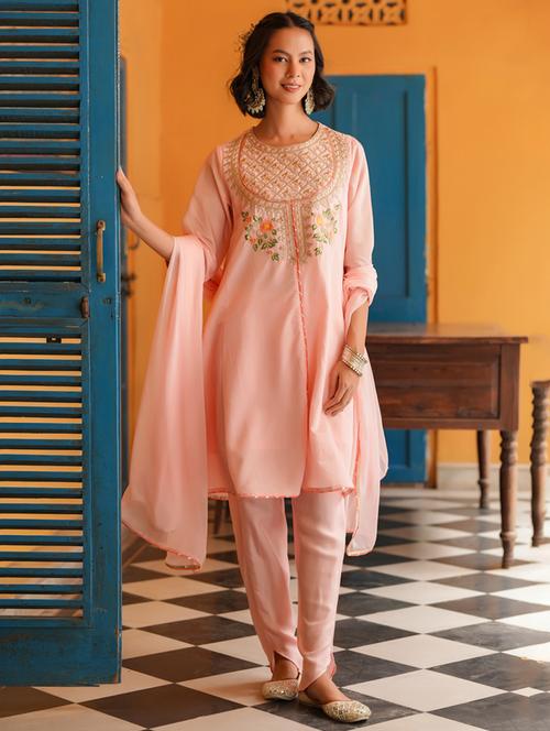 women three quarter sleeve anarkali kurta pant with dupatta set - 21925608 - Very Small Image - 1