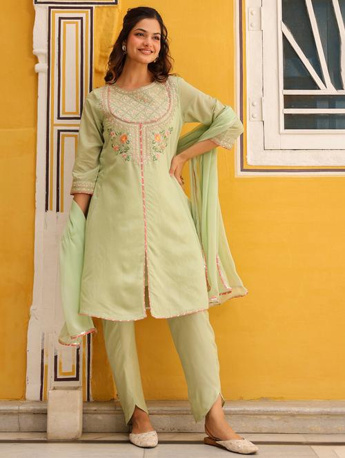 women three quarter sleeve anarkali kurta pant with dupatta set - 21925609 - Very Small Image - 1
