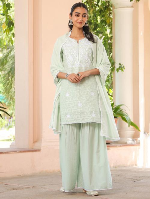women three quarter sleeve kurta sharara with dupatta set - 21925632 - Very Small Image - 1