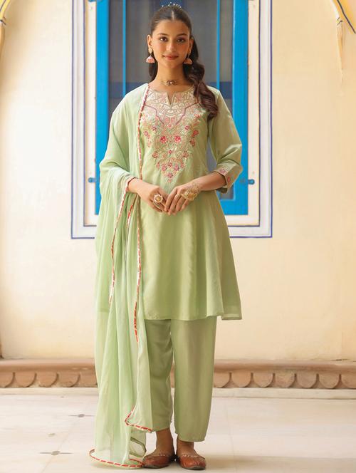 women three quarter sleeve anarkali kurta pant with dupatta set - 21925638 - Very Small Image - 1