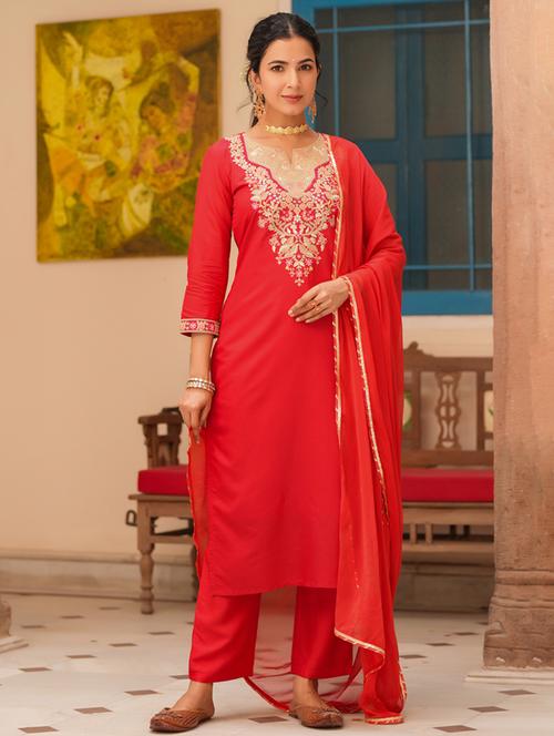 women three quarter sleeve kurta pant with dupatta set - 21925641 - Very Small Image - 1