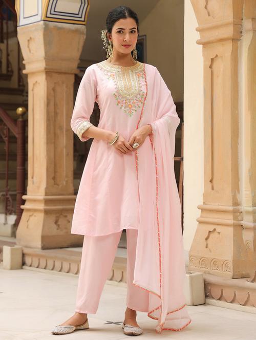 women three quarter sleeve anarkali kurta pant with dupatta set - 21925642 - Very Small Image - 1