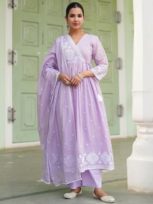 women three quarter sleeve anarkali kurta pant with dupatta set - 21925684 - Very Small Image - 1