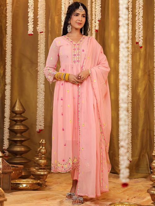 women three quarter sleeve anarkali kurta pant with dupatta set - 21925691 - Very Small Image - 1