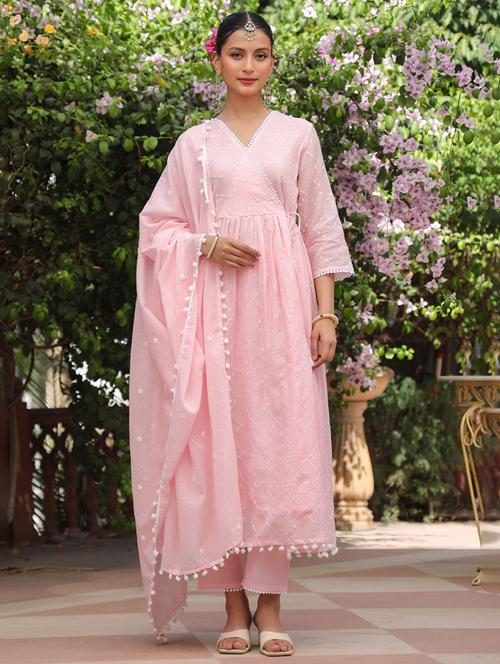 women three quarter sleeve anarkali kurta pant with dupatta set - 21925692 - Very Small Image - 1