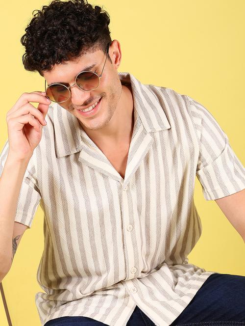 men striped cuban collaed short sleeve casual shirt - 21926046 - Very Small Image - 1