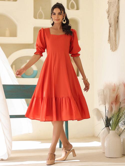 women solid puff sleeves tiered dress - 21926840 - Very Small Image - 1