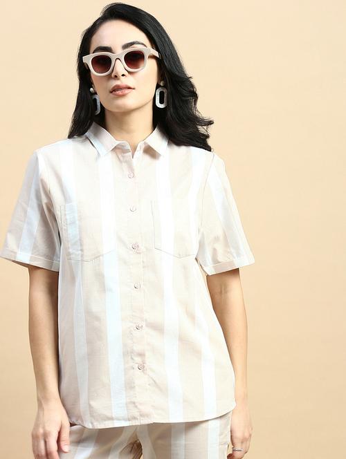 women striped collared short sleeves shirt - 21930438 - Very Small Image - 1