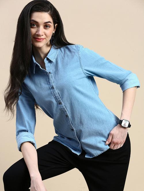 women solid collared denim shirt - 21930443 - Very Small Image - 1
