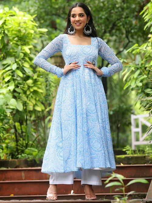 women light blue printed long sleeve anarkali kurta - 21930769 - Very Small Image - 1