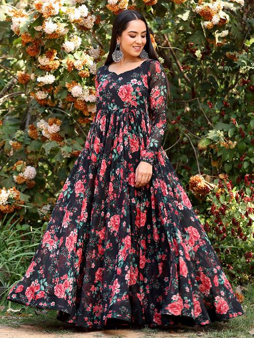 women black floral printed long sleeve ethnic dress - 21930770 - Very Small Image - 1