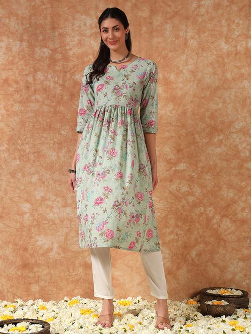 women floral printed three quarter sleeve a-line kurta - 21930962 - Very Small Image - 1