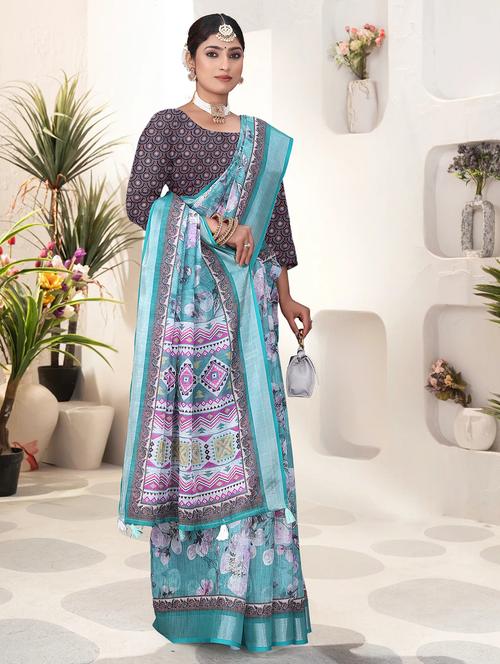 blue art silk printed saree with blouse - 21931207 - Very Small Image - 1