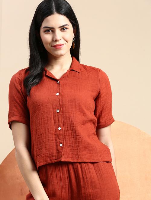 women solid cuban collared crop shirt - 21931248 - Very Small Image - 1