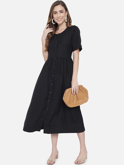 women black solid short sleeve a-line dress - 21931434 - Very Small Image - 1