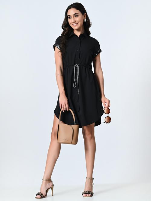 women black solid short sleeve a-line dress - 21931441 - Very Small Image - 1