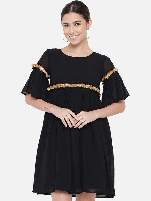 women black solid bell sleeve fit & flare dress - 21931445 - Very Small Image - 1