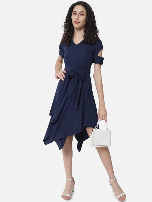 women solid short sleeve asymmetric dress - 21931449 - Very Small Image - 1