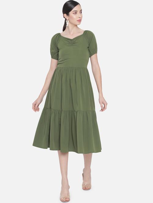 women olive solid puff sleeve tiered dress - 21931451 - Very Small Image - 1