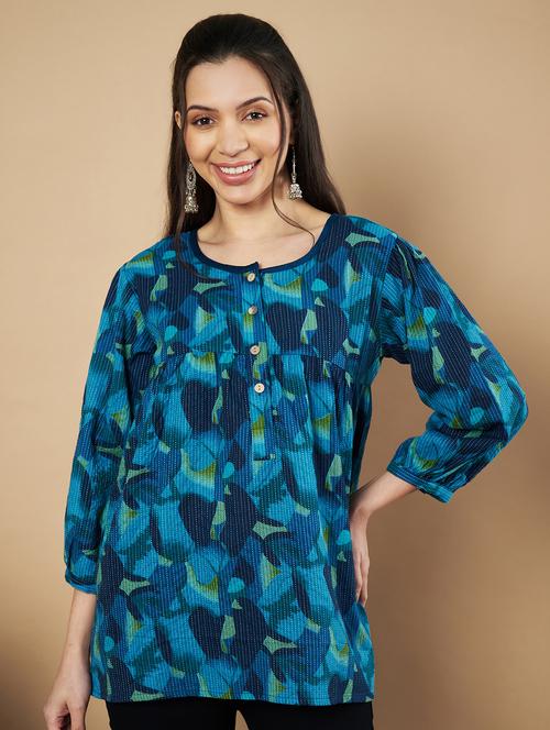 women blue three quarter sleeve a-line tunic - 21931971 - Very Small Image - 1