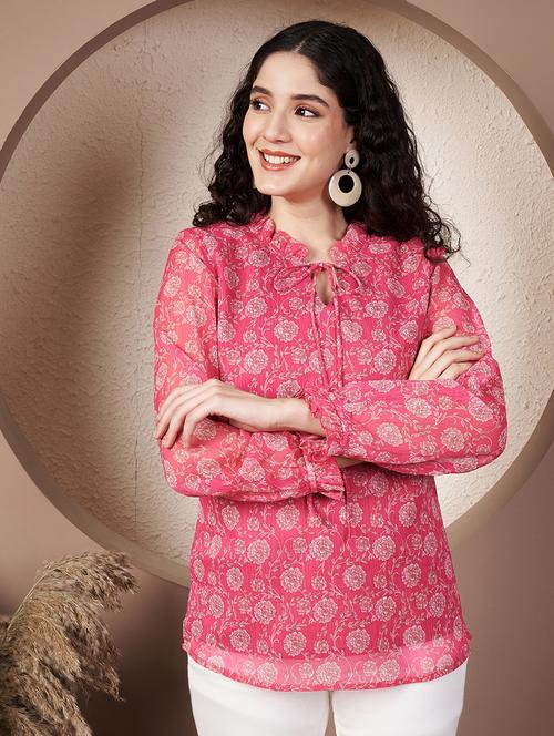 women floral print tie-up neck regular top - 21932077 - Very Small Image - 1