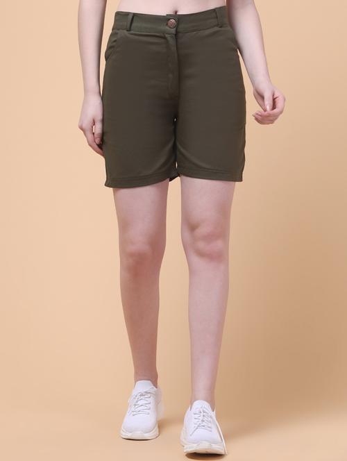 women olive solid mid rise shorts - 21932746 - Very Small Image - 1