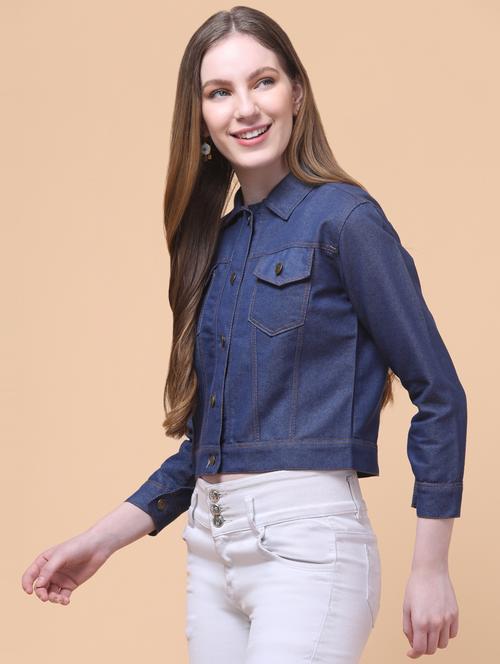 women solid long sleeves crop denim jacket - 21932774 - Very Small Image - 1