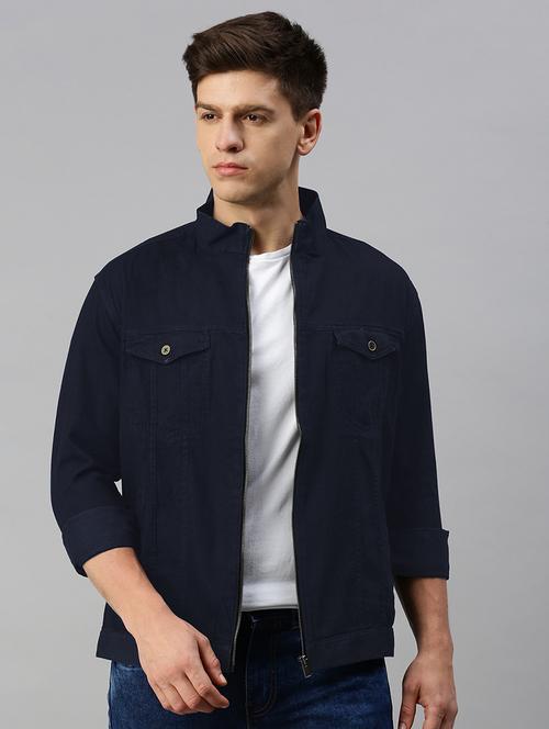 men navy blue solid long sleeve casual jacket - 21933401 - Very Small Image - 1