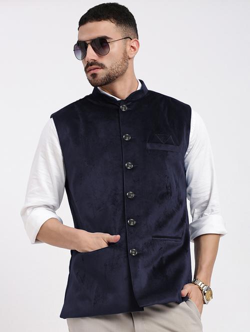 men's solid velvet sleeveless nehru jacket - 21933417 - Very Small Image - 1