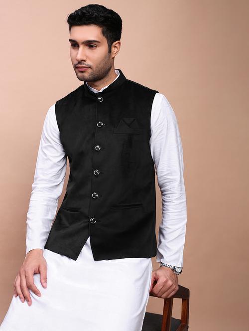men's black velvet solid nehru jacket ethnic - 21933420 - Very Small Image - 1