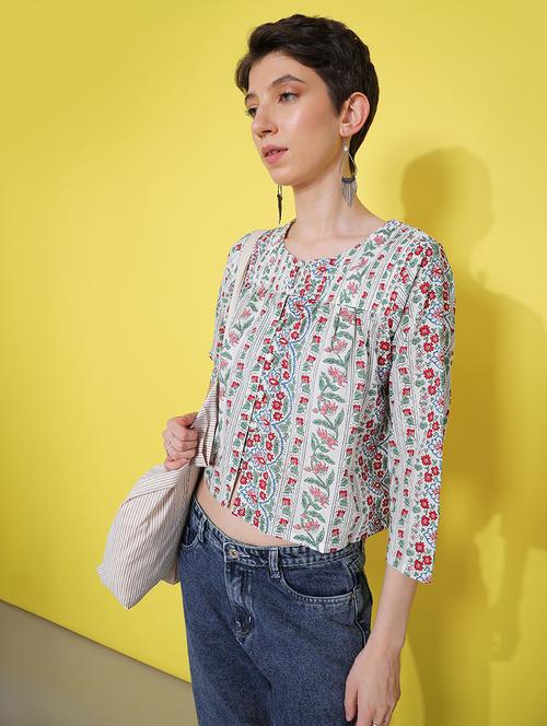 women printed three quarter sleeve top - 21934138 - Very Small Image - 1