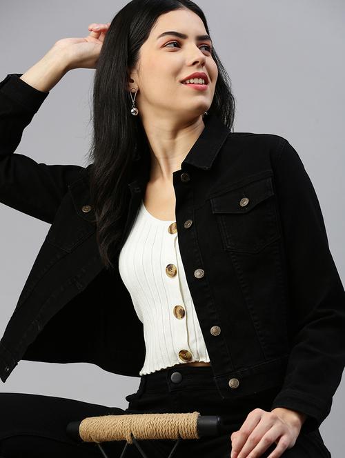 women black solid long sleeve denim jacket - 21935945 - Very Small Image - 1