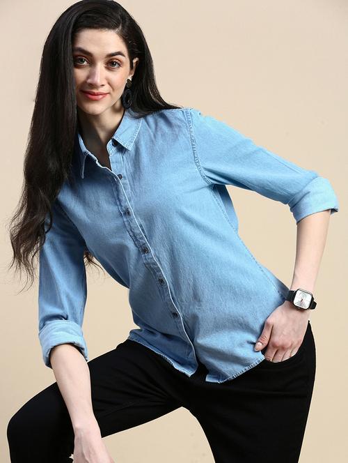 women solid collared long sleeve denim shirt - 21935950 - Very Small Image - 1