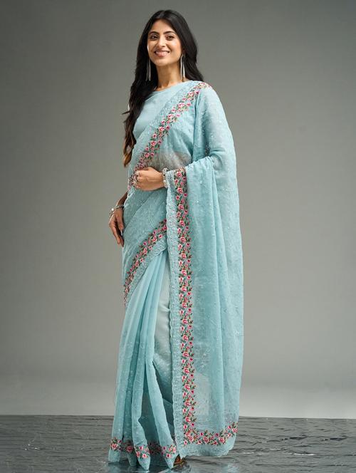 women solid with work embroidered saree with blouse - 21938865 - Very Small Image - 1