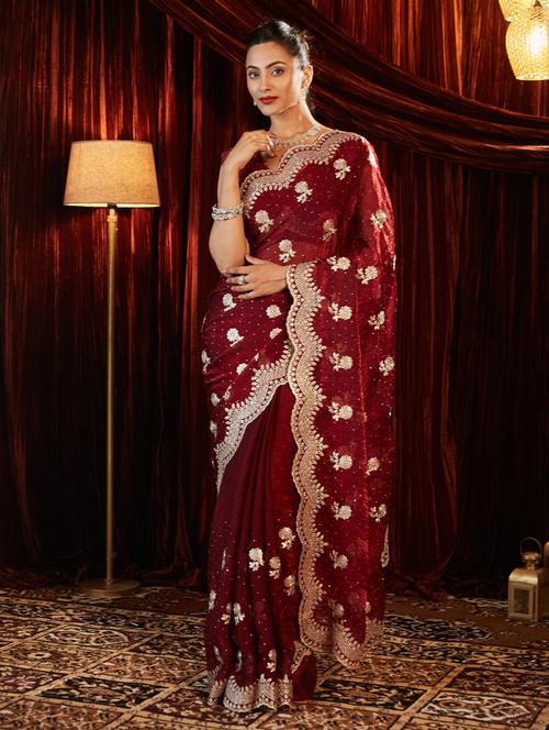 women solid with work embroidered saree with blouse - 21939002 - Very Small Image - 1